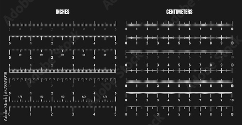 Realistic white centimeter and inch scale for measuring length or height. Various measurement scales with divisions. Ruler, tape measure marks, size indicators. Vector illustration