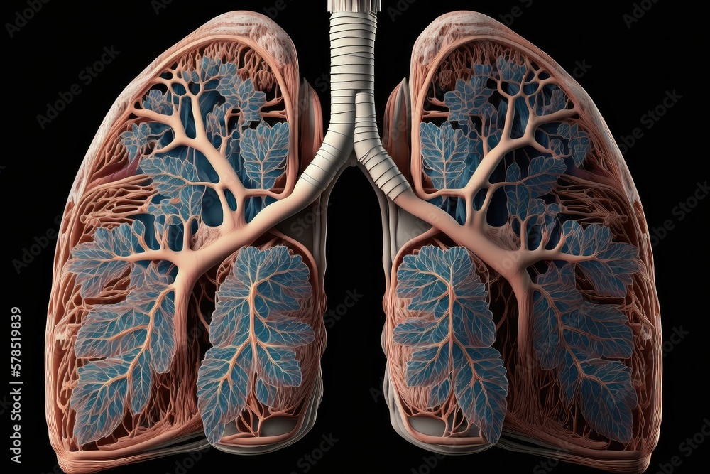Imaginative illustration of human lungs with blue leaves growing inside