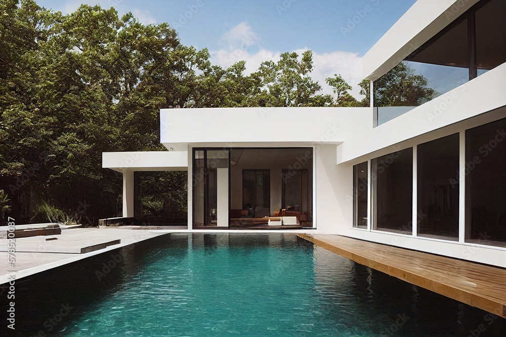 Modern patio outdoor with swimming pool. Modern house interior and exterior design
Modern patio outdoor with swimming pool. Modern house interior and exterior design