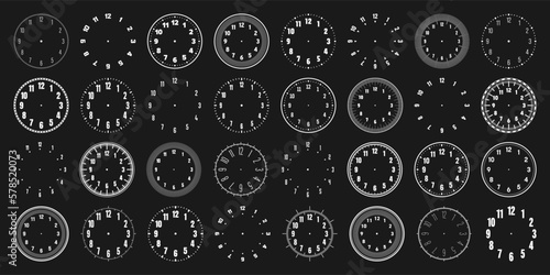 Mechanical clock faces with arabic numerals, bezel. White watch dial with minute, hour marks and numbers. Timer or stopwatch element. Blank measuring circle scale with divisions. Vector illustration