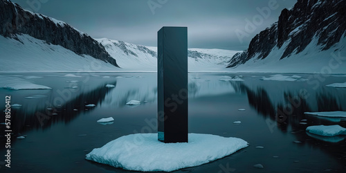 nature photograph of tall, skinny vantablack monolith on a flat glacier photo