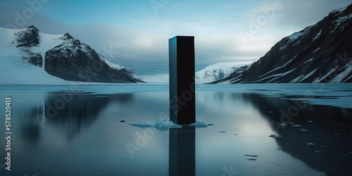 nature photograph of tall, skinny vantablack monolith on a flat glacier AI-Generated photo