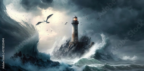 old lighthouse on the rocky shore, being hit by wild waves under the storm, with birds in the sky AI-Generated