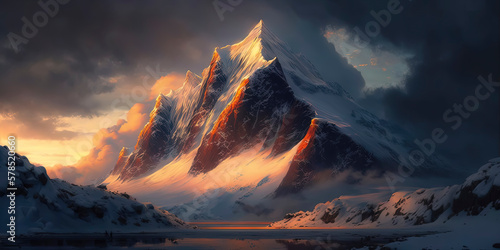 snow-capped peaks of the majestic mountain  emerging from the clouds  in the light of the sunset