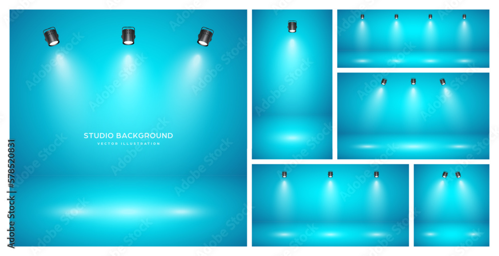 Fototapeta premium Empty blue studio abstract backgrounds with spotlights. Product showcase backdrop with spotlight effect. Stage lighting. Vector illustration