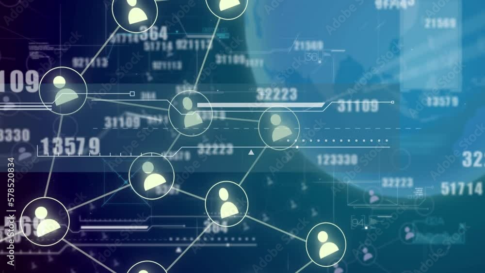 Animation of globe with icons and data processing Animation of globe with icons and data processing