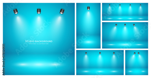 Empty blue studio abstract backgrounds with spotlights. Product showcase backdrop with spotlight effect. Stage lighting. Vector illustration