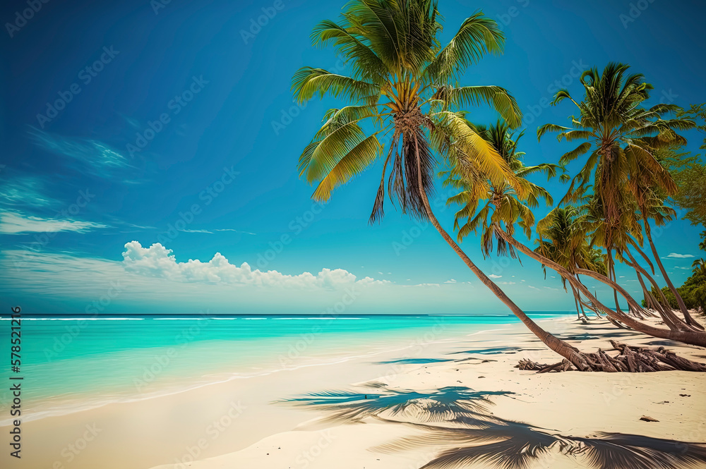 Tropical beach in Punta Cana, Dominican Republic. Palm trees on sandy island in the ocean. AI-Generated