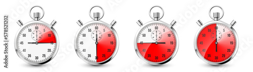 Realistic classic stopwatch icons. Shiny metal chronometer, time counter with dial. Red countdown timer showing minutes and seconds. Time measurement for sport, start and finish. Vector illustration