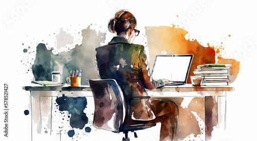 woman working behinde computer, woman studying behinde laptop, business education, watercolor, illustration, Generative AI