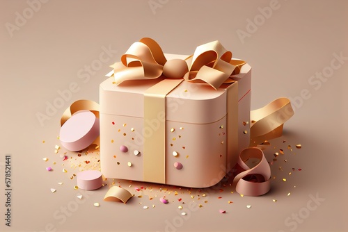 Glamorous Gift Box with Gold Ribbon and Confetti. Generative AI. © Radomir Jovanovic