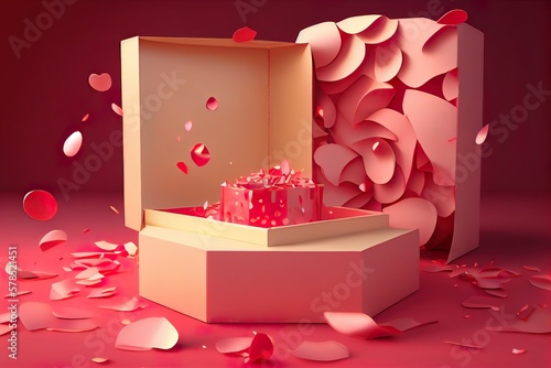Unveiling Luxury Surprise on Valentine's Day with Rose Petals. Generative AI.