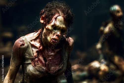 Generative AI close up of a female zombie, undead, walking through ruins
