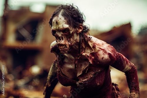 Generative AI female zombie walking among the ruins of a city, undead, flesh and blood shedding photo