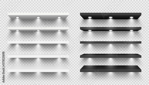 Realistic store shelves with lighting, spotlights. Empty product shelf, grocery wall rack. Mall and supermarket furniture, bookshelf. Modern interior design element. Vector illustration