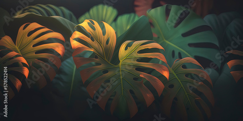 A wallpaper of green tropical leaves with a fresh and natural vibe.