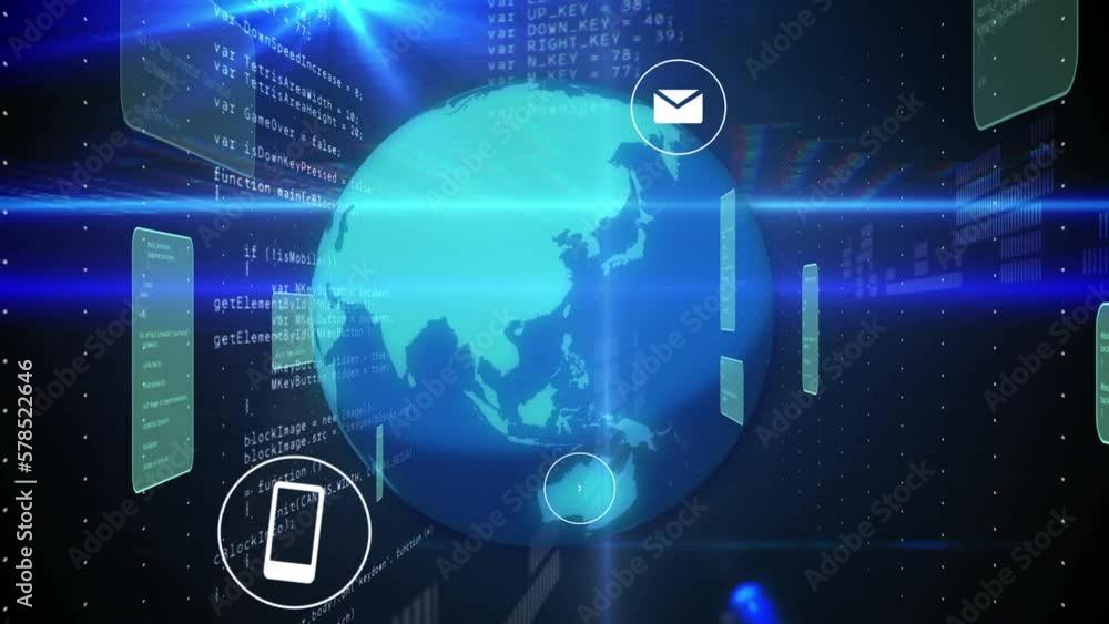 Animation of globe with icons and data processing Animation of globe with icons and data processing