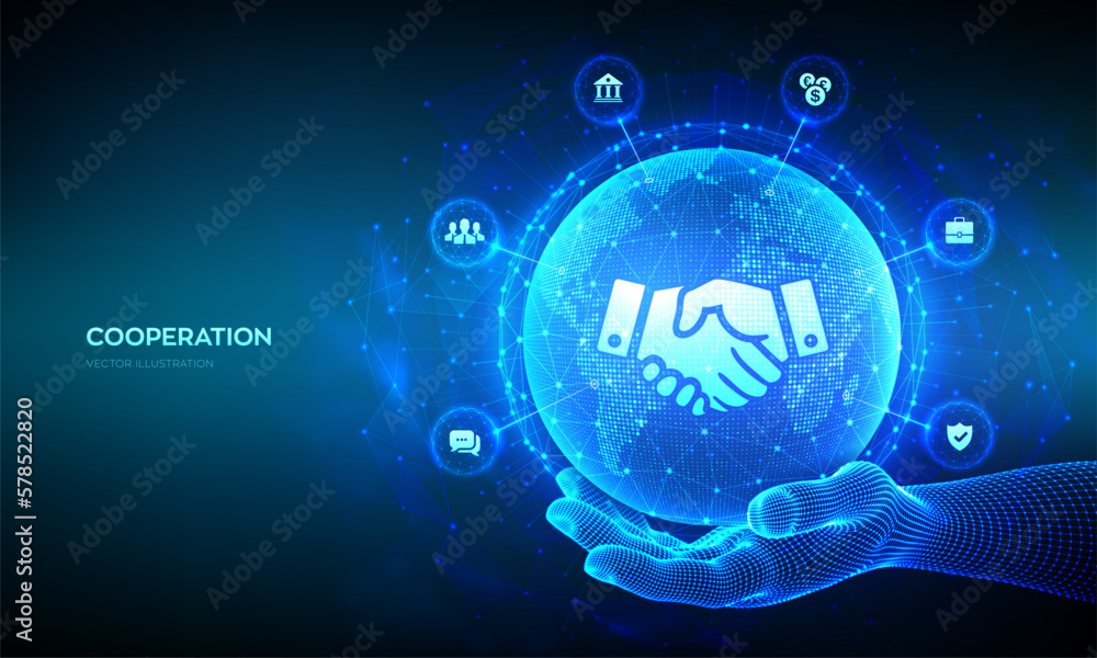 Partnership technology concept. Business partnership. Global cooperation network. Internet communication. Teamwork. World map point, line composition. Earth planet globe in hand. Vector illustration. Partnership technology concept. Business partnership. Global cooperation network. Internet communication. Teamwork. World map point, line composition. Earth planet globe in hand. Vector illustration.