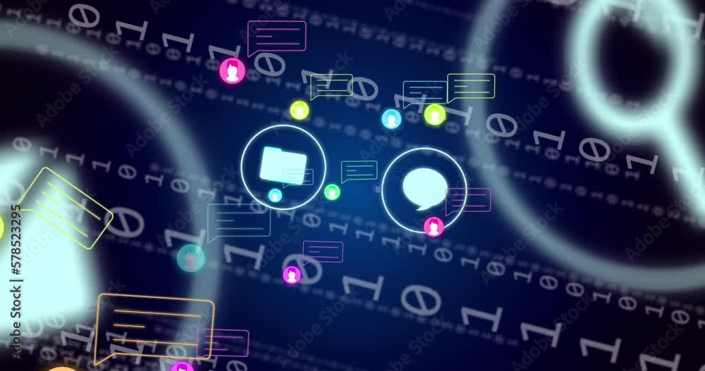 Animation of binary coding and data processing over icons Animation of binary coding and data processing over icons