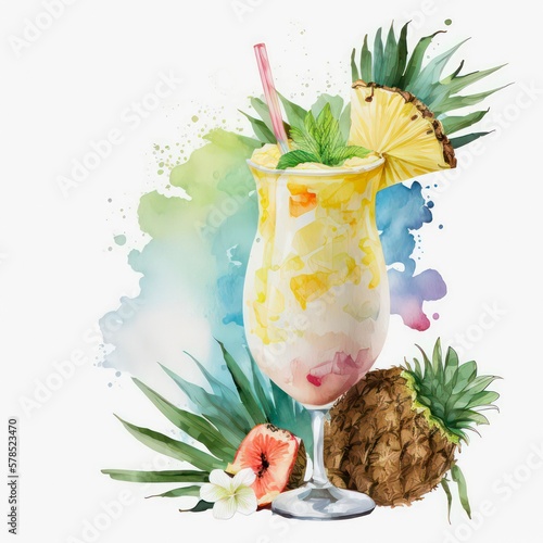 Watercolor summer illustration of a Pina Colada cocktail and pineapple. Tropical alcohol cocktail isolated on white background. Generative AI art.