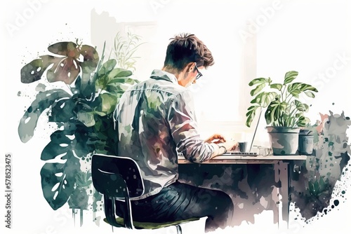businessman, student, working behinde laptop, working from home, remote working, watercolor, illustration, Generative AI