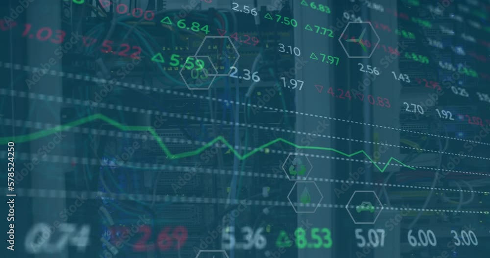 Animation of stock market data processing and digital icons against computer server room Animation of stock market data processing and digital icons against computer server room