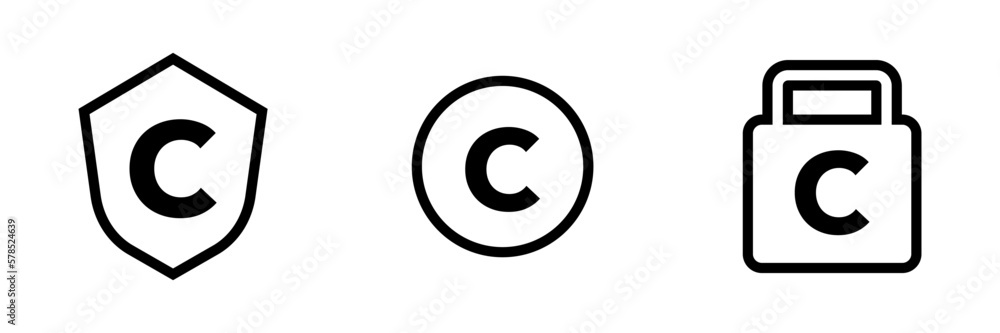 Shield, circle and padlock copyright icon set. Vector. Shield, circle and padlock copyright icon set. Vector.