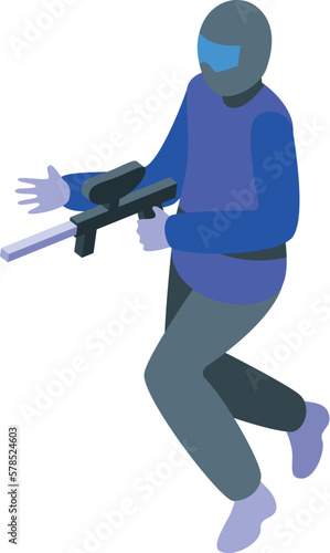 Paintball blue player icon isometric vector. Paint gun. Emblem shooting