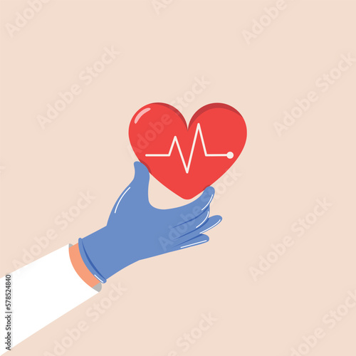 Hand wearing glove holding heartbeat, heart beat pulse check up service, medical service.