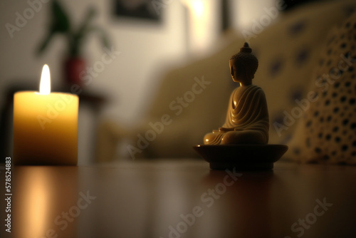 Outfocused candle and Buddhism statue, talking about peace in side a home