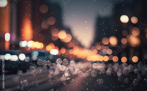 winter street in winter with residential houses and parked cars  cars for apartments and street lights bokeh. Generative AI