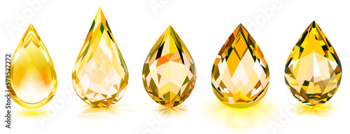 Set of big crystal drops in yellow color with glares and shadows
