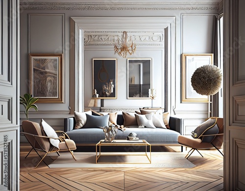 Elegant Parisian style living room with hight ceilings and parquet floor, generative ai photo