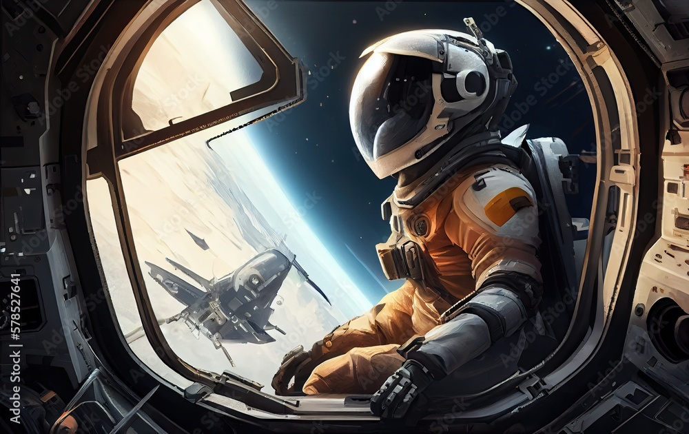 Space travel scene with astronaut and flying rocket, generative ai