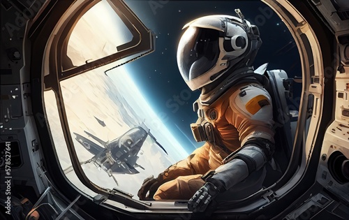 Space travel scene with astronaut and flying rocket, generative ai