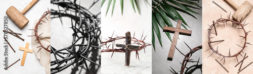 Collage for Good Friday with crosses  mallets  nails and crowns of thorns