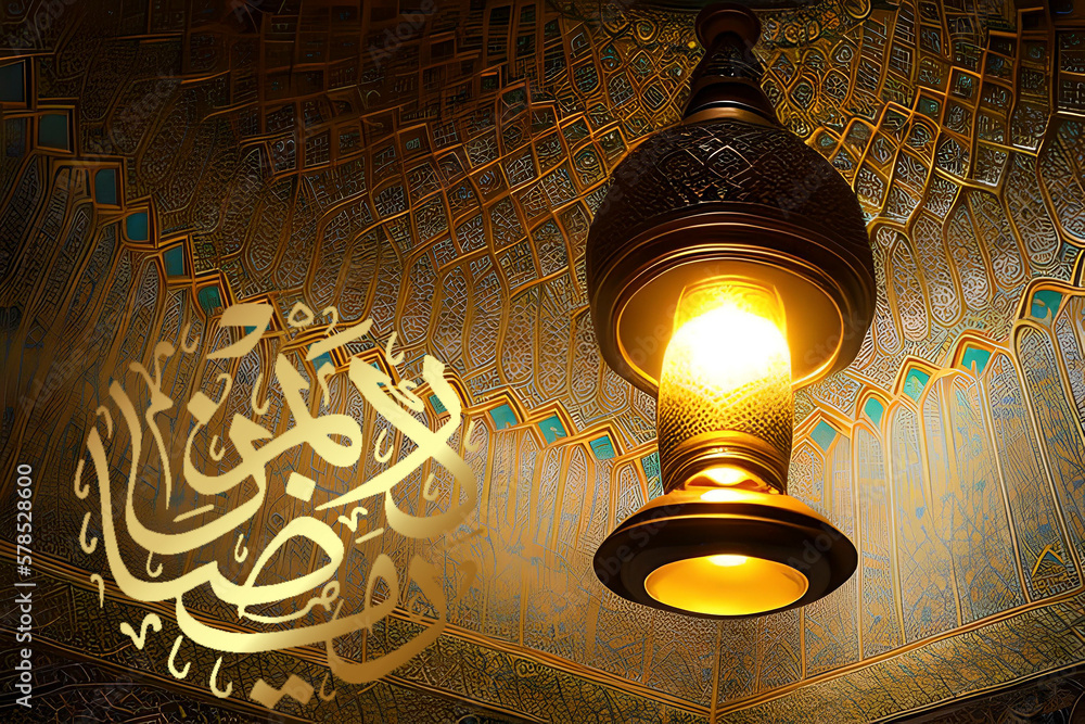 AI generated image of lanterns and text RAMADAN KAREEM in Arabic welcoming the month of Ramadan for Muslims around the world