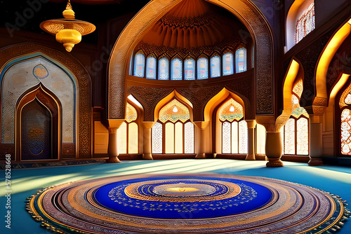 AI generated image of the inside of a mosque welcoming the month of Ramadan for Muslims around the world