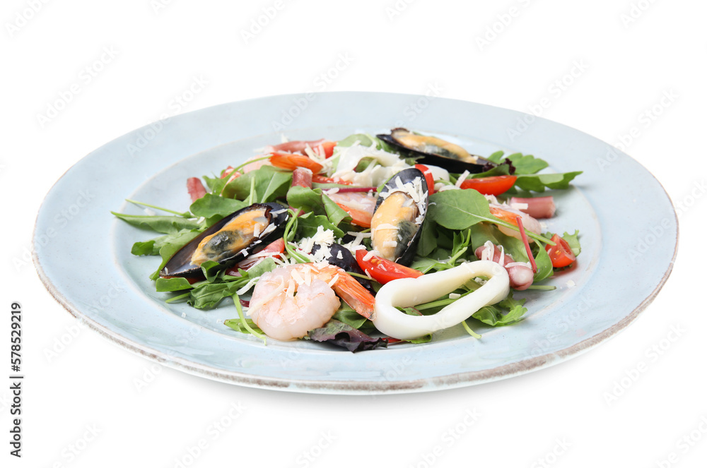 Plate of delicious salad with seafood isolated on white, closeup Plate of delicious salad with seafood isolated on white, closeup