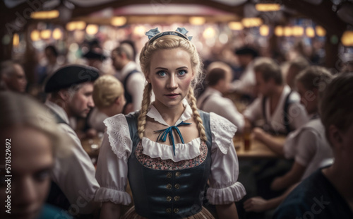 waitress, Young adult woman with blond hair in a dirndl at the Oktoberfest in a beer tent, in the background more beer tent visitors, in daylight, front view. Generative AI