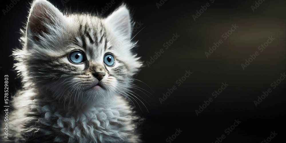 Cute kitten on a dark background and free space for text, generative ai Cute kitten on a dark background and free space for text, generative ai