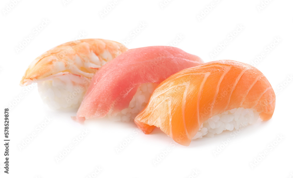 Delicious nigiri sushi isolated on white. Traditional Japanese cuisine Delicious nigiri sushi isolated on white. Traditional Japanese cuisine
