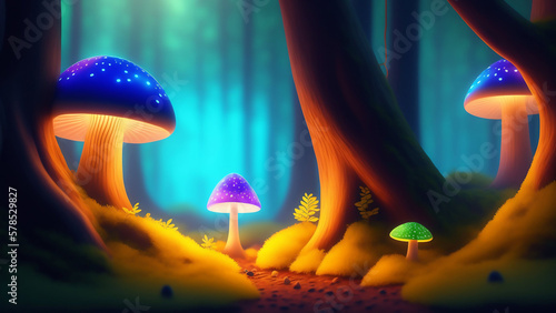 Fantasy world with mushrooms  natural landscapes  digital illustrations  AI generated