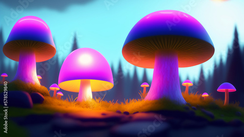 Fantasy world with mushrooms, natural landscapes, digital illustrations, AI generated