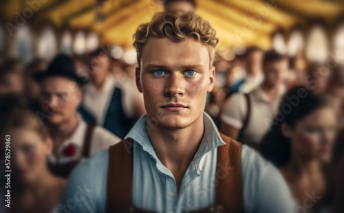 a young adult man in a beer tent in munich at the oktoberfest, wears a typical traditional shirt, many other beer tent visitors are in the beer tent. Generative AI © wetzkaz