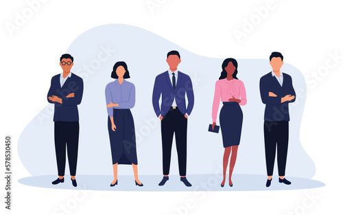 Business team ready to work. Office employee in tidy clothes. Vector illustration. Characters in flat design. Group of office workers in flat cartoon style. photo