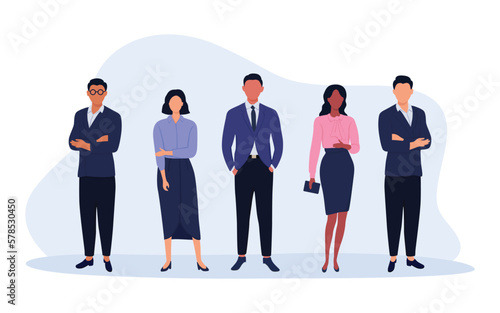 Business team ready to work. Office employee in tidy clothes. Vector illustration. Characters in flat design. Group of office workers in flat cartoon style.