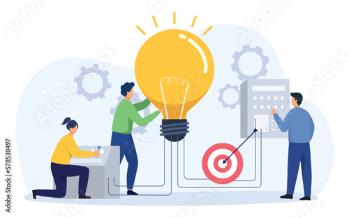 Business idea concept. People characters develop creative business idea. Collaboration meeting, sharing knowledge, teamwork or people thinking the same idea. Vector illustration.