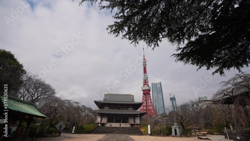 Wallpaper Mural 4K wide angle view of Zojo-Ji Temple in Tokyo. View to Tokyo Tower landmark. Travel to Japan, 2023. Torontodigital.ca