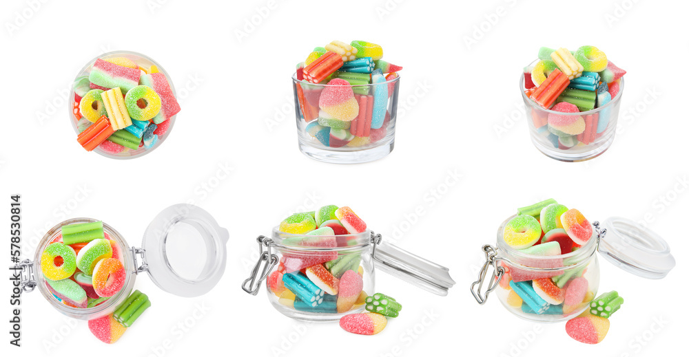 Collage with glass and jar of tasty jelly candies on white background, different sides Collage with glass and jar of tasty jelly candies on white background, different sides